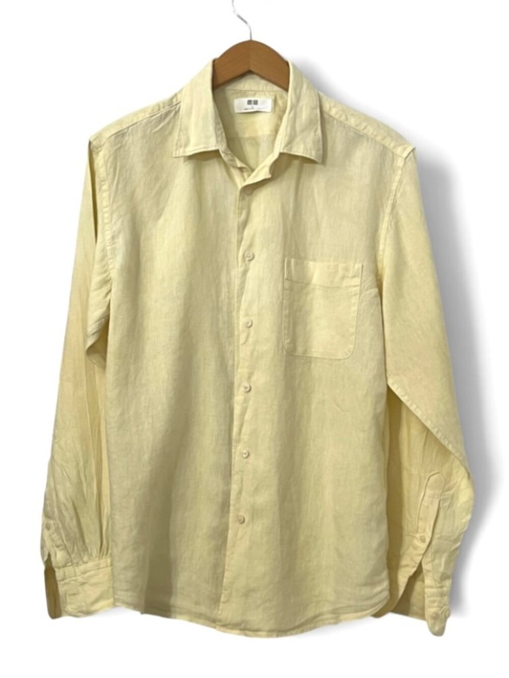 Uniqlo 100% Linen Yellow Men Long Sleeve Button Down Shirt S Coastal Minimalist